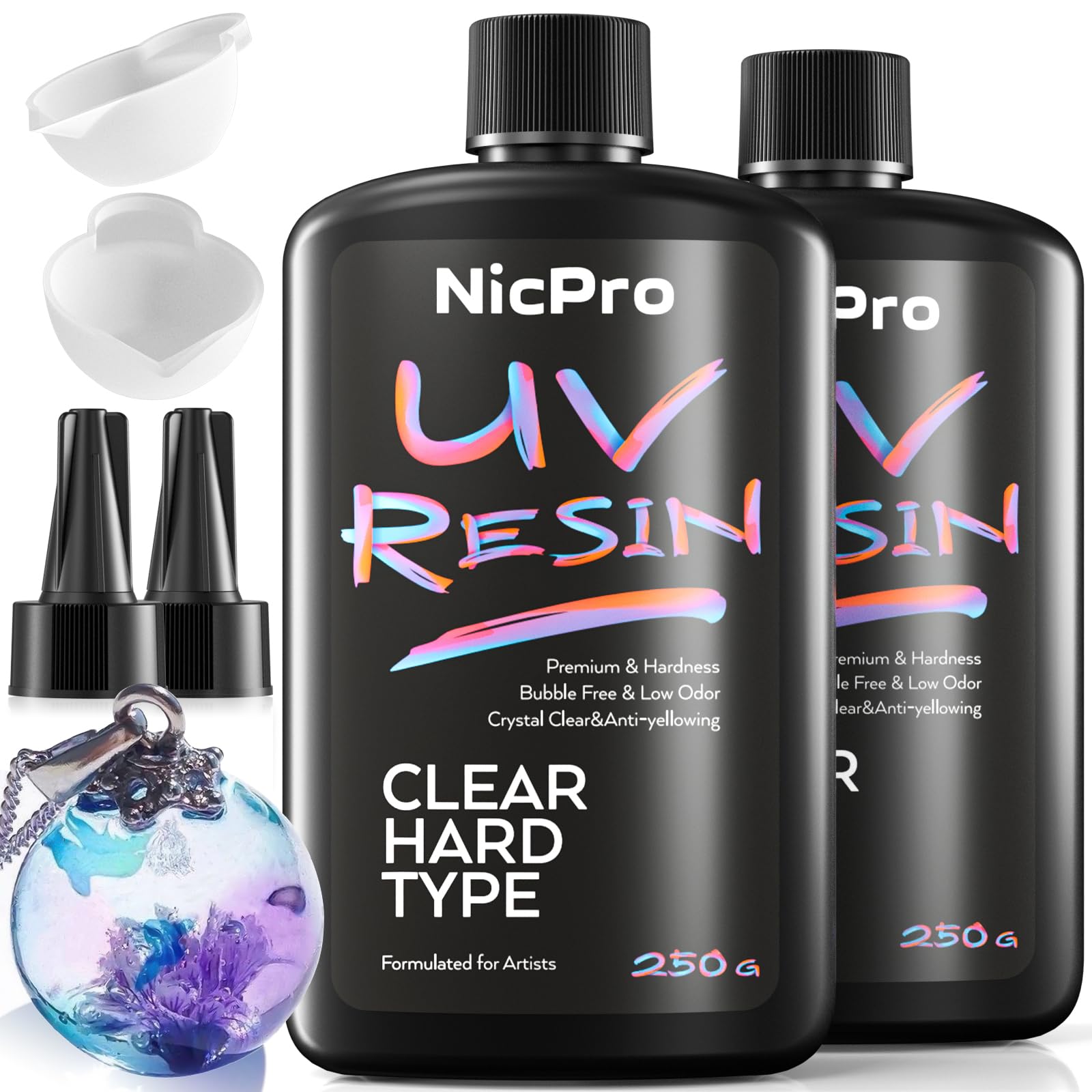 Nicpro UV Resin 500g, 2 PCS Upgrade Crystal Clear Ultraviolet Epoxy Resin Glue Kit, Low Odor & Quick Curing Sunlight Cure Hard UV Resin for Jewelry Making, Handmade DIY Craft, Coating and Casting