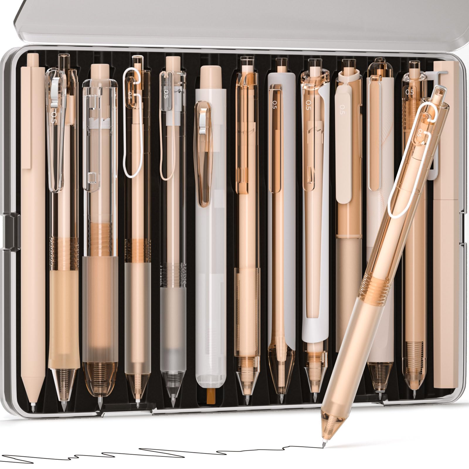 Nicpro 13PCS Pastel Gel Ink Pen Set with Case, 1 Highlighter Cute 0.5mm Fine Point Retractable 12PCS Black, Aesthetic Pens for School Student Note Taking,Writing, Office Supplies(Brown)