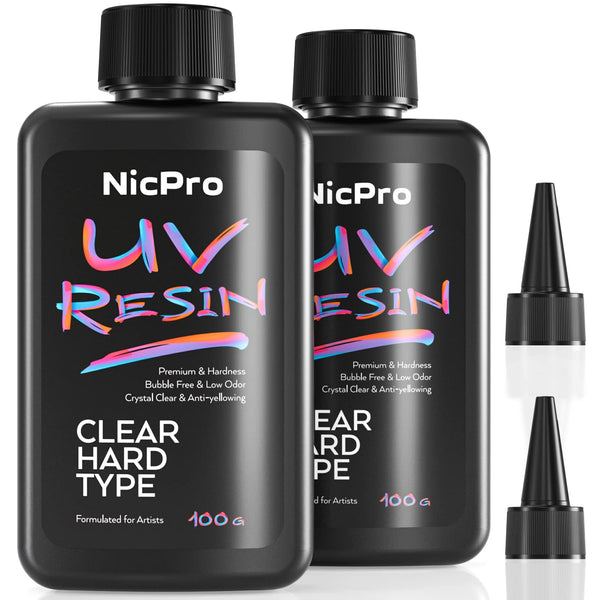 Nicpro UV Resin 200g, 2 PCS Upgraded Ultraviolet Epoxy Resin Crystal Clear Hard Glue Low Odor Solar Cure Sunlight, UV Light Cure Activated Resin for Jewelry Making, DIY Crafts, Coating & Casting