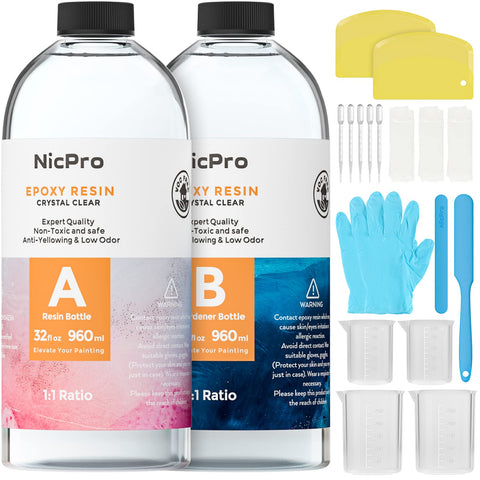 Nicpro 64OZ Crystal Clear Epoxy Resin Kit, High Gloss & Bubbles Free Resin Supplies for Coating and Casting, Craft DIY, Wood, Table Top, Bar Top, Molds, River Tables with Cups, Sticks, Gloves