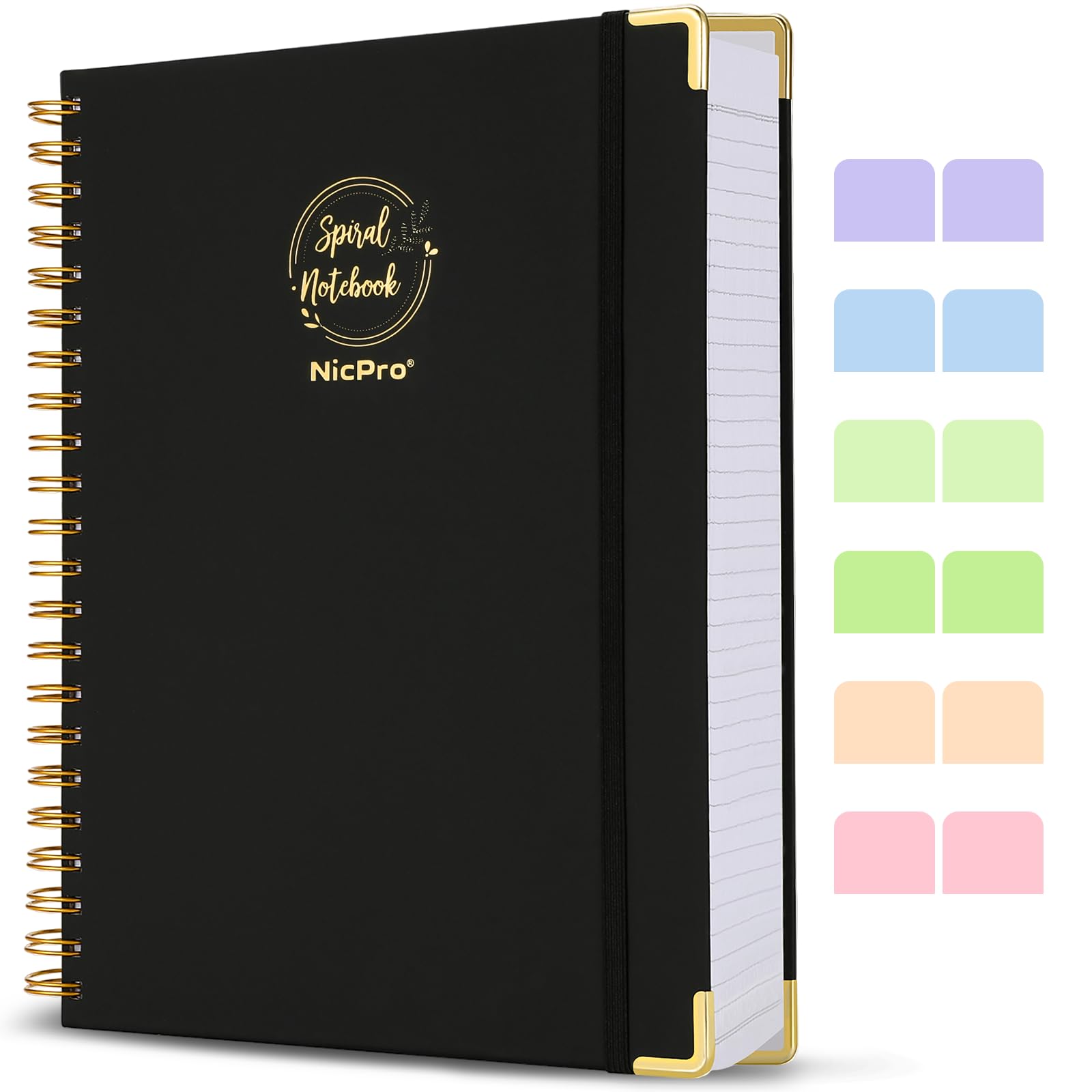 Nicpro Spiral Notebook 300 Page,8.5"x 11", Black Leather Hardcover Note Book Journal A4 Book College Ruled with 60pcs Index Tabs for Work School Notes, Journals Writing,100gsm Thick Paper