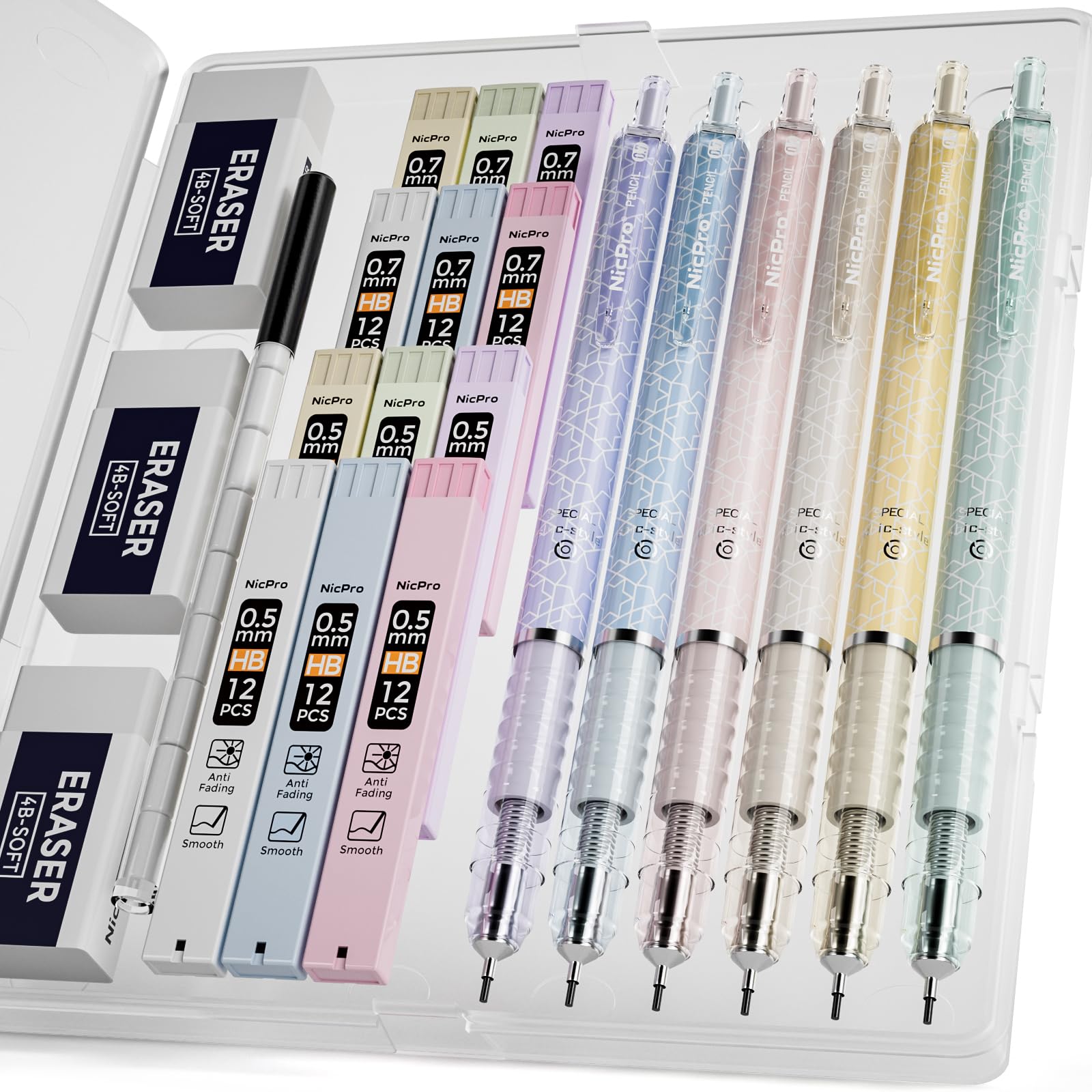 Pastel Mechanical Pencil Set with Lead and Eraser Refills, Clear Barrel, 5  Sizes, 0.3, 0.5, 0.7, 0.9, 2mm - Mr. Pen Store