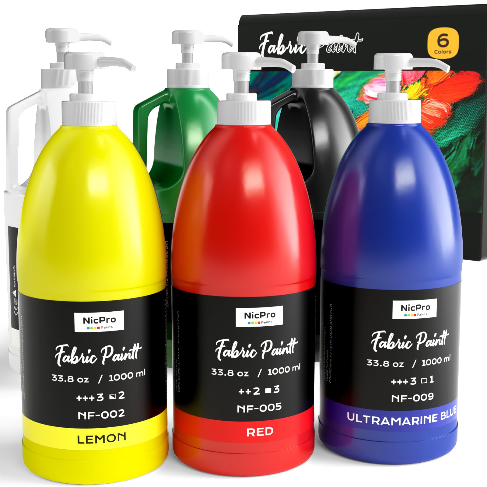Nicpro 6 Colors Fabric Paint for Furniture with Pump, 33.8 fl oz Fabric Paint for Clothes Permanent, Soft Rich Pigment Non-Toxic Textile Paint for Fabric DIY Crafts T-shirt Shoes Jeans for Kid Adult