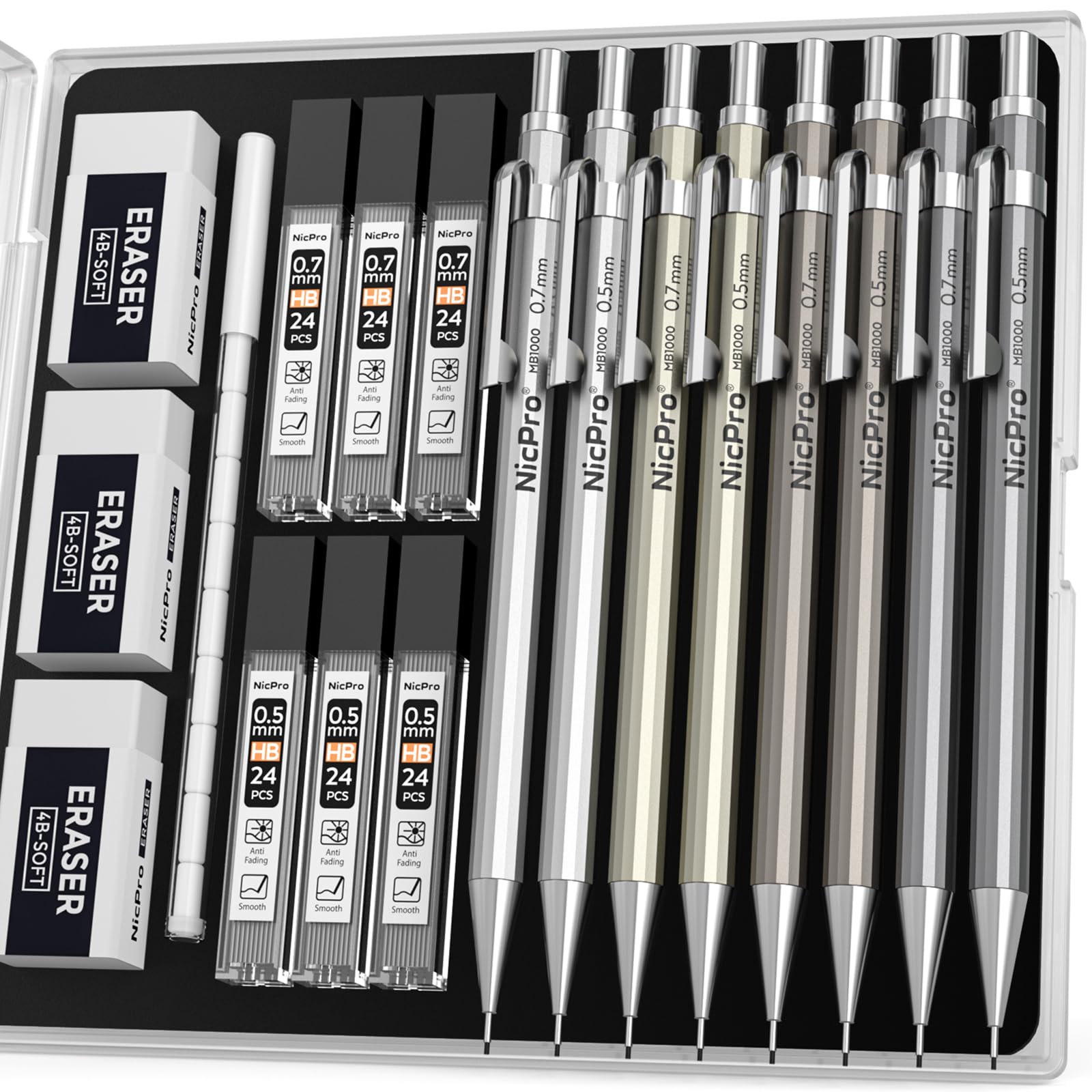 Nicpro 8 Pack 0.5mm & 0.7mm Metal Mechanical Pencil Set, MB1000 Lead Drafting Pencil for Artist Writing, Sketching, Drawing with 6 Tubes HB Lead Refills, 3PCS 4B Eraser, 9PCS Cap Eraser - With Case