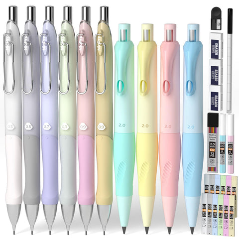 Nicpro 38PCS Pastel Mechanical Pencil Set in Case, Cute Mechanical Pencils Bulk 0.5 & 0.7 & 0.9 mm & 2.0 mm with Lead Refills, Erasers Sharpener Aesthetic School Supplies for Student Writing Sketching