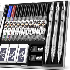 Nicpro Metal 2.0 Mechanical Pencil Set with Case, 3 PCS Drafting Lead Holder with 10 Tubes 2mm Graphite Lead Refill(HB 2H 4H 2B 4B) &Colors, Sharpeners, Erasers for Artist Writing, Drawing, Sketching