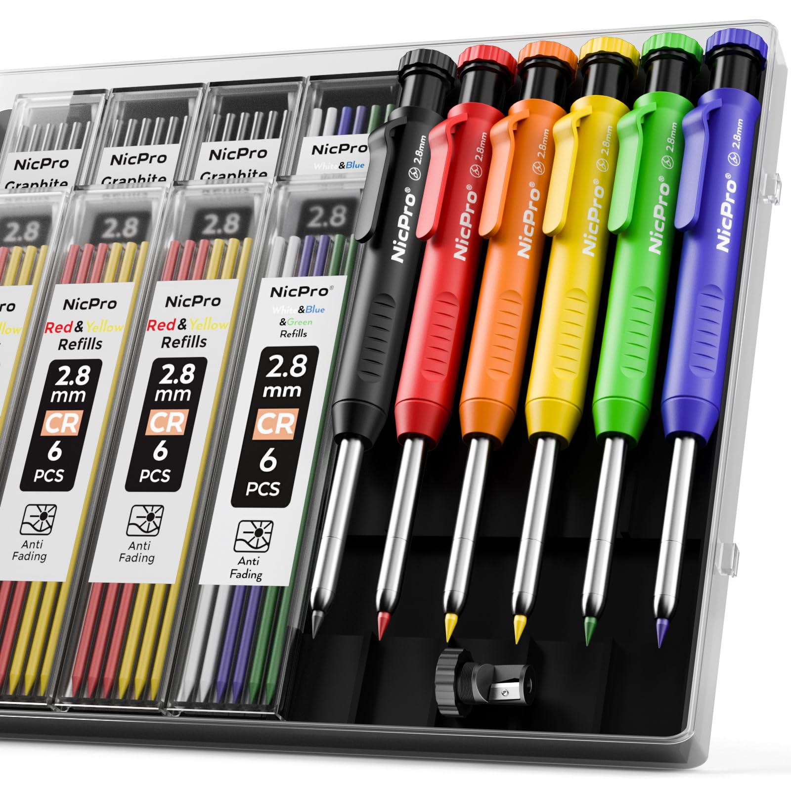 Nicpro 6 Pack Carpenter Pencil with Sharpener,Mechanical Pencils Set 54PCS Refills(Black,Red,Yellow,Blue,Green,White) Deep Hole Marker Construction Heavy Duty Woodworking -With Case(MG552)