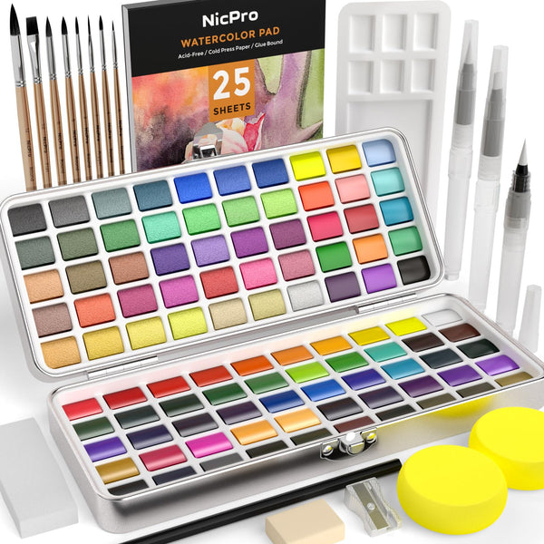 Nicpro 100 Colors Watercolor Paint Set include Metallic Macaron & Fluorescent, 8 Squirrel Painting Brushes, 25 Water Color Paper, Palette, Art Supplies Kit for Artist Adult Kid Beginner with Gift Box