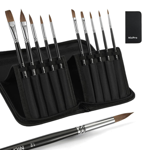 Nicpro Sable Watercolor Brushes Set Professional, 10 PCS Variety Shapes Artist Paint Brushes,Kolinsky Sable Perfect for Art Painting Watercolor, Acrylic Gouache Ink with Pop Up Nylon Case