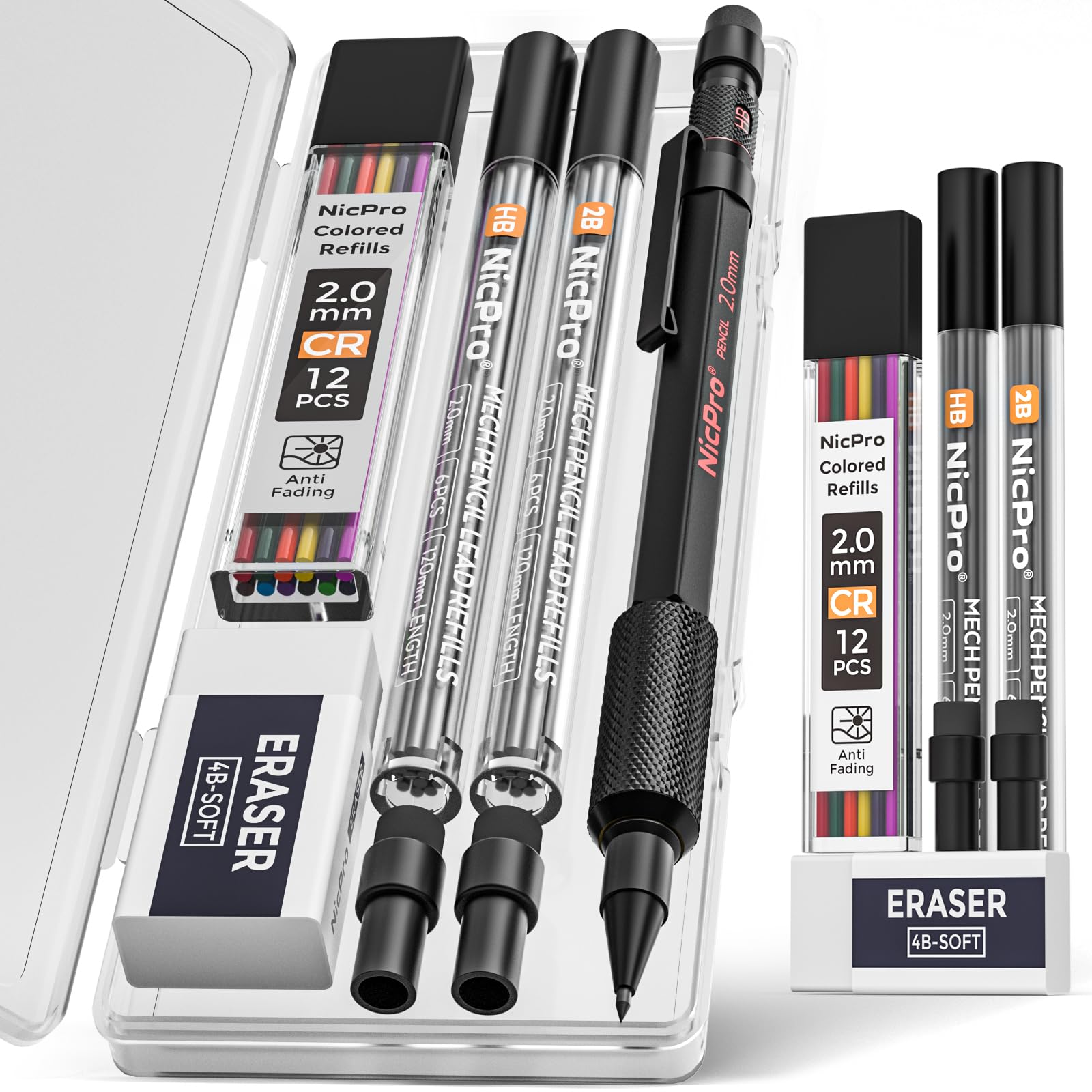 Nicpro 2.0mm Metal Mechanical Pencils, Carpenter Pencil Set with 12 Black Lead Refills, 12 Colored Lead Refills, Erasers, Come with Case