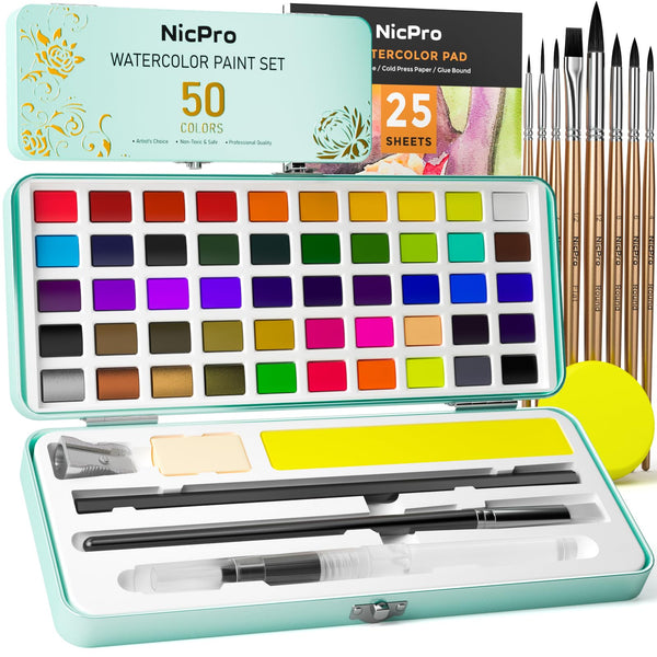 Nicpro 50 Colors Watercolor Paint Set, Metallic & Fluorescent Color, Squirrel Painting Brushes, Water Color Paper Art Supplies Kit for Artist Adult
