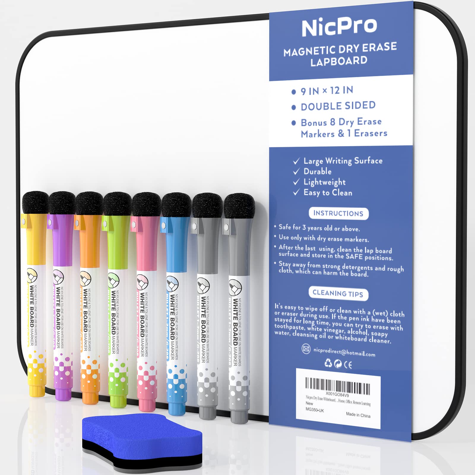 Nicpro Dry Erase Whiteboard A4, Magnetic Double Sided 21 x 30 cm White Board with Black Border, Including 8 Water-Based Pens and 1 Eraser for Kid Writing & Drawing Student School, Home, Classroom Use