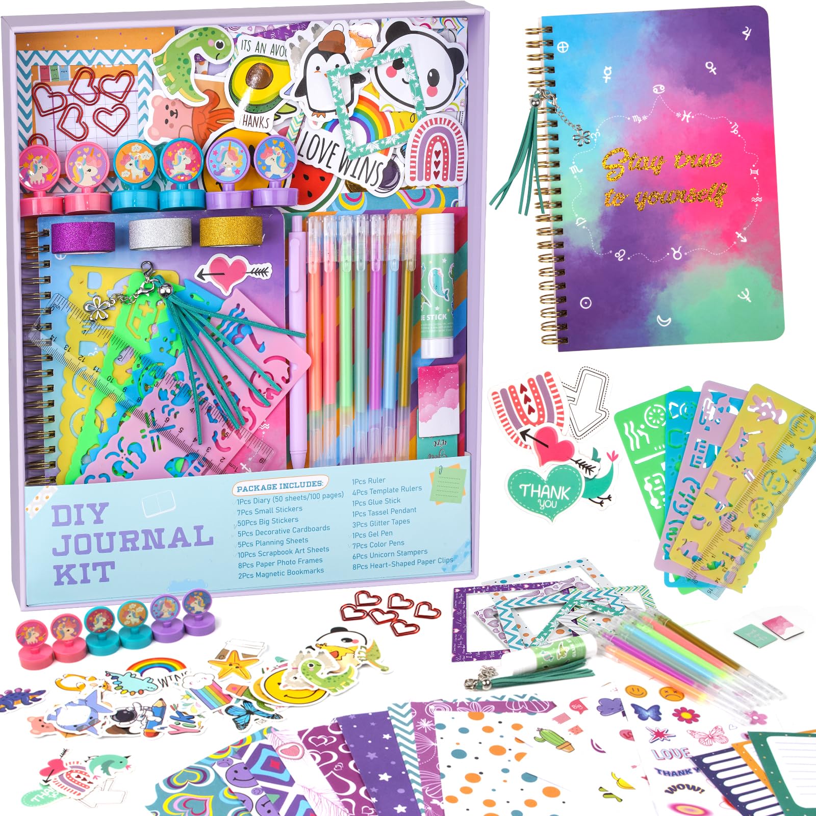 Nicpro DIY Journal Kit for Girls, 123 PCS Art & Craft DIY Journaling Set for Kids Ages 6,7,8,10 to 12 Years Old, Scrapbook Kit Stationery Set Gift for Birthday, with Diary, Color Pen, Stamp,Stickers