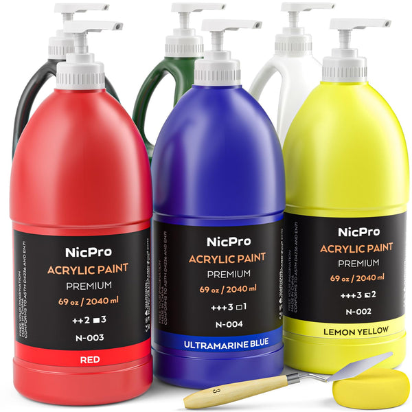 Nicpro 6 Colors Large Bulk Acrylic Paint Set (69 oz, 2040ml) Rich Art