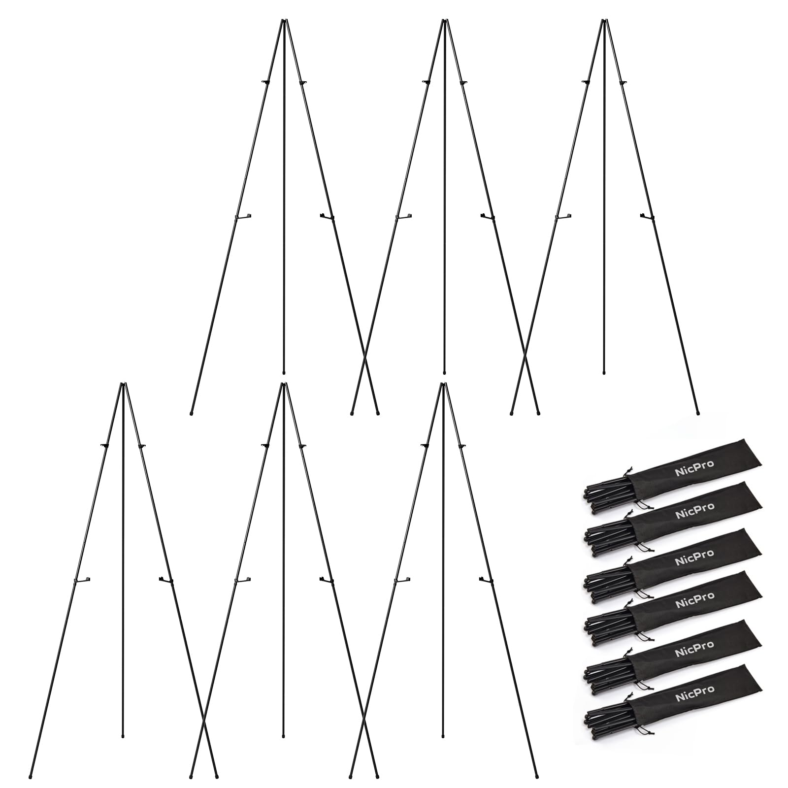 Nicpro Folding Easels for Display,6 Pack 63 Inch Metal Floor Easel Stand Bulk Tripod Black Portable for Artist Poster Wedding with Carry Bag