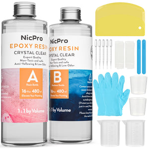 Nicpro 32 Ounce Epoxy Resin Kit Crystal Clear, DIY Starter Art Resin Supplies with 4 Measuring Cups, 2 Silicone, Sticks,Gloves,Spreader for Craft Casting & Coasting, Molds, Jewelry Making