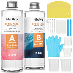 Nicpro 16 Ounce Crystal Clear Epoxy Resin Kit, DIY Starter Epoxy Resin Supplies with 4 Measuring Cups, 2 Silicone Sticks, Gloves, Spreader for Art Craft Casting & Coasting, Molds, Jewelry Making