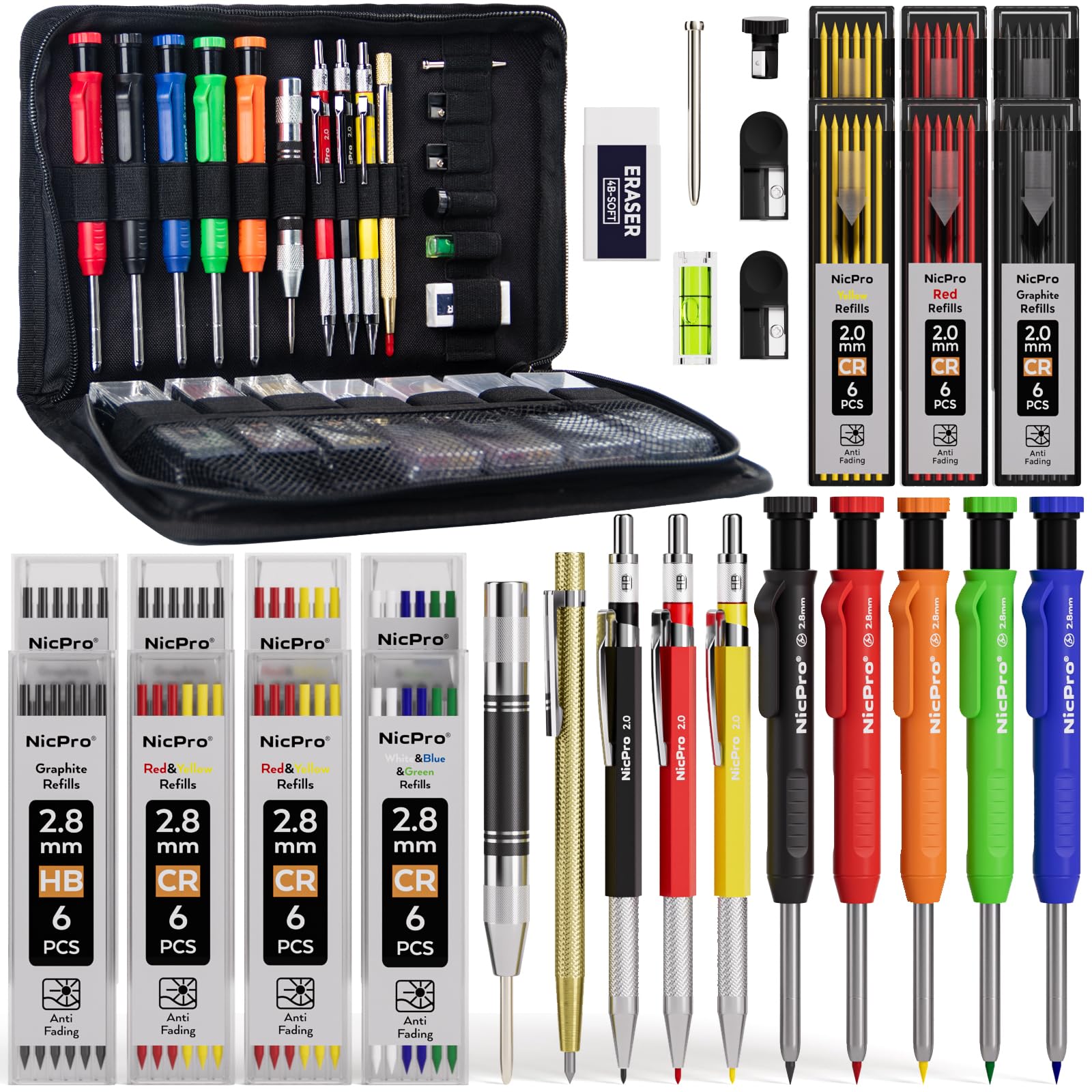 Nicpro 31 Pack Carpenter Pencil Set with Sharpener, Mechanical Carpenter Pencils with 128PCS Refills and Carbide Scribe Tool, Heavy Duty Construction Pencils for Architect Woodworking-With Canvas Case