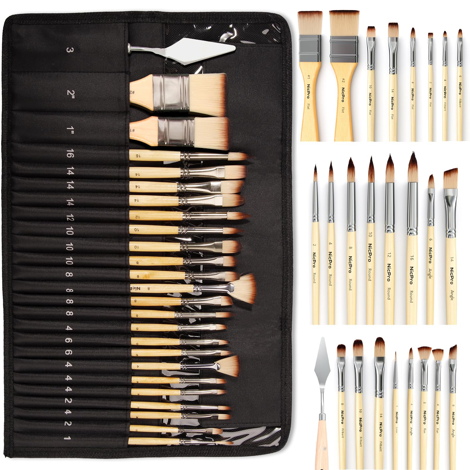 Nicpro 26pcs Paint Brush Set, Professional Paintbrushes with Palette Knife and Cloth Roll, Artist Paint Brushes for Acrylic Painting, Oil, Watercolor & Gouache, Adults Kids Art Painting Tools Supplies