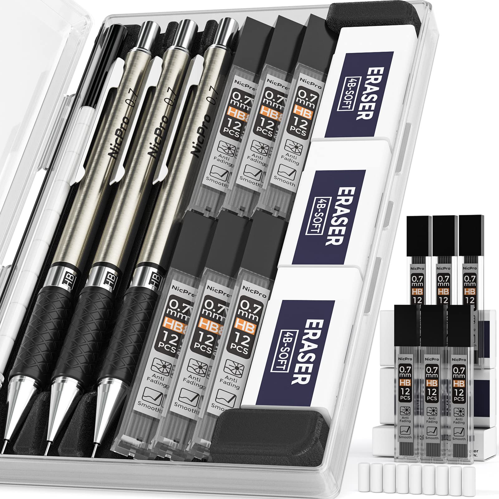 Nicpro 0.7 mm Art Mechanical Pencils Set in Storage Case, 3 PCS Metal Drafting Pencil Lead Pencil with 6 Tube HB Lead Refills, 3 Erasers, 9 PCS Eraser Refills for Artist Writing, Drawing, Sketching