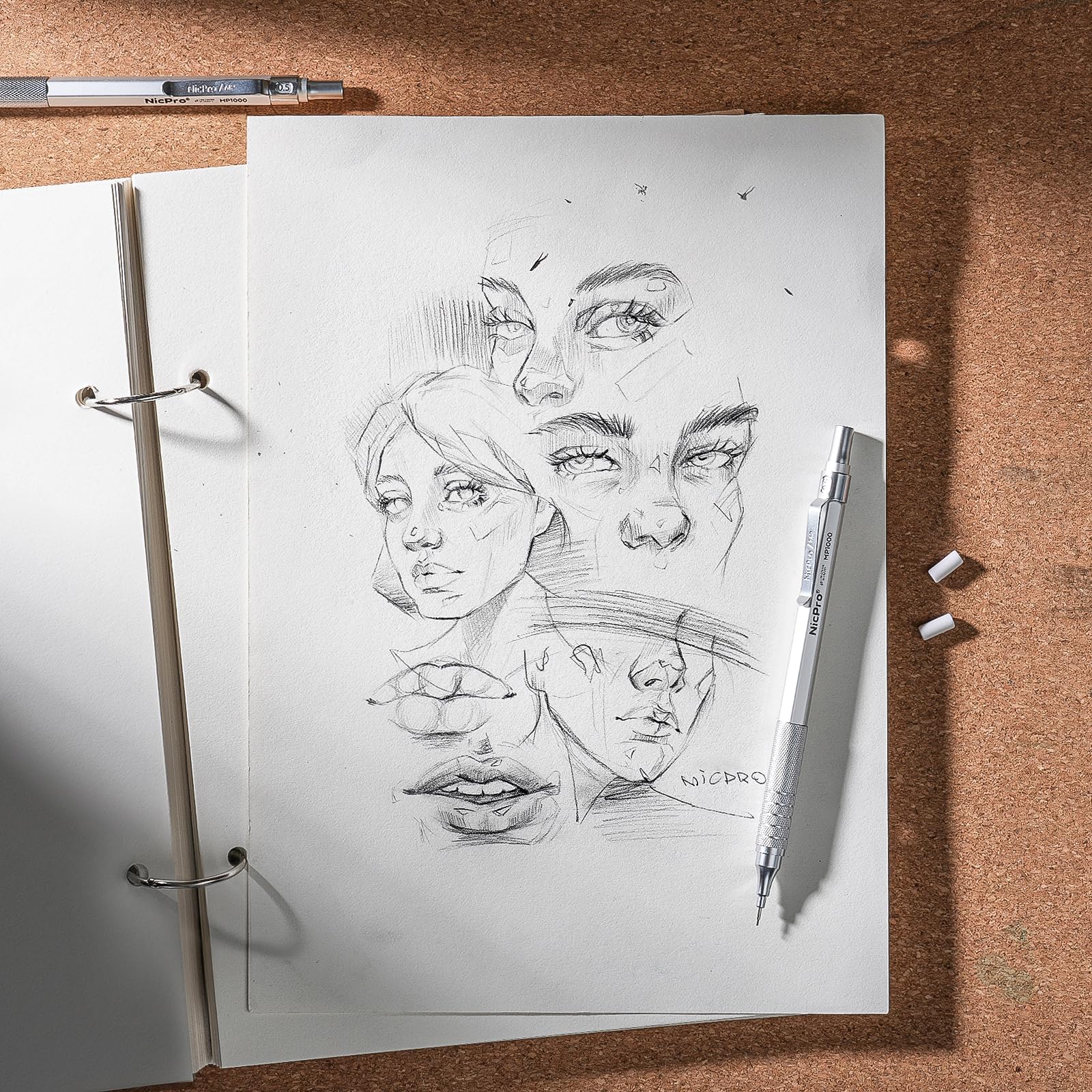 Nicpro 2 PCS Mechanical Pencil 0.5mm & 0.7 mm with Case, MP1000 Metal Artist Pencil Set with 4 Tubes HB Lead Refills, 2 Erasers, 9 Eraser Refills For Art Writing Drafting, Drawing, Sketch, Silver