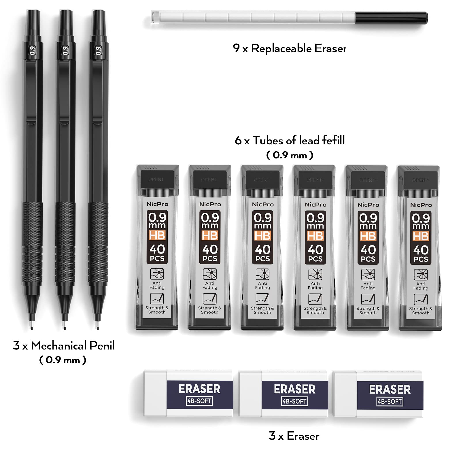 Nicpro Metal 0.9 mm Mechanical Pencils Set with Case, 3PCS Black 0.9mm Drafting Pencil, 6 Tubes HB Lead Refills, 3PCS Erasers, Erasers Refills for Adults, Children, Artist Writing, Drawing, Sketching