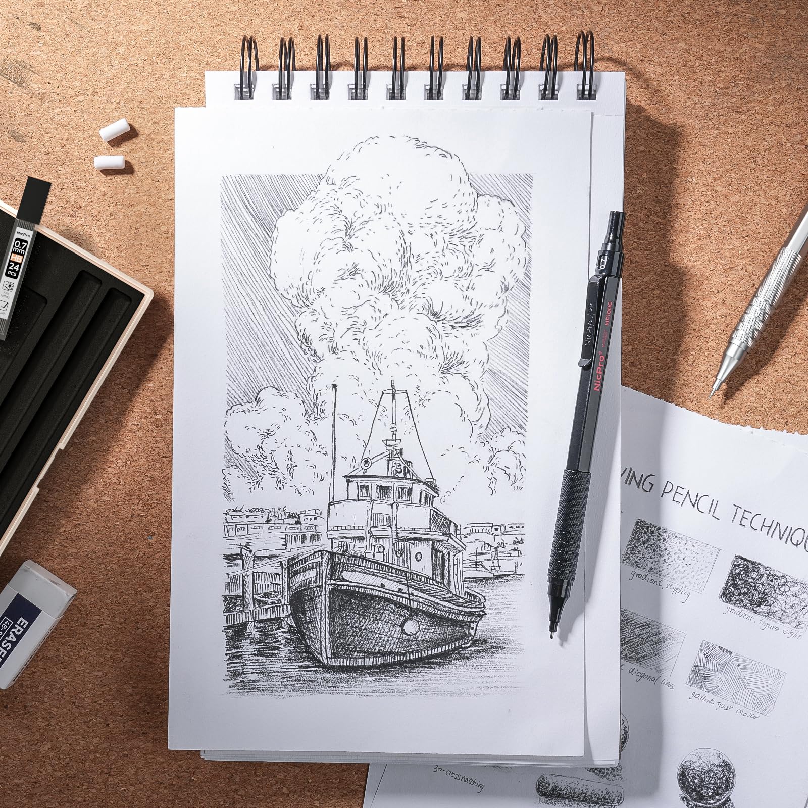 Nicpro 2 PCS Mechanical Pencils 0.5mm & 0.7 mm with Case, MP1000 Metal Artist Pencil Set with 4 Tubes HB Lead Refills, 2 Erasers, 9 Eraser Refills For Art Writing Drafting Drawing, Black & Silver