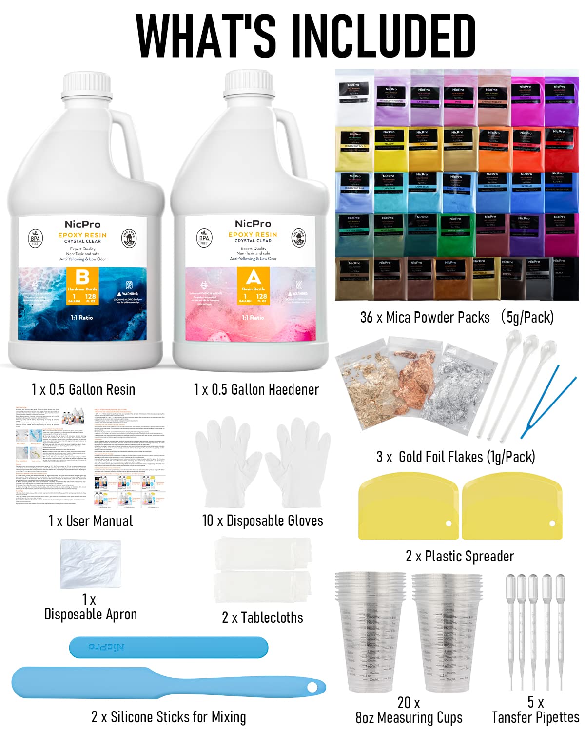  Nicpro 64OZ Crystal Clear Epoxy Resin Kit, High Gloss & Bubbles  Free Resin Supplies for Coating and Casting, Craft DIY, Wood, Table Top,  Bar Top, Molds, River Tables with Cups, Sticks