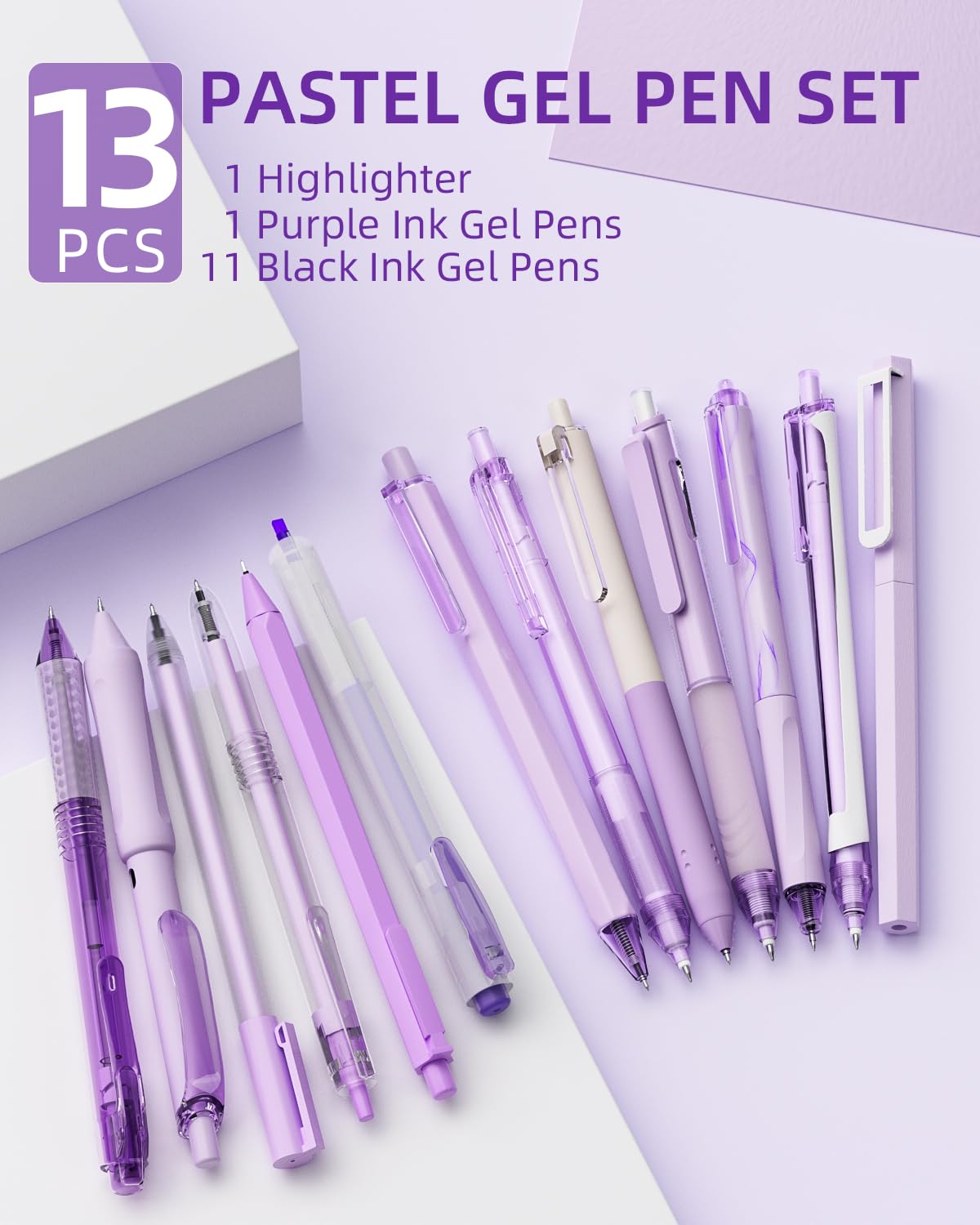 Nicpro 13PCS Pastel Gel Ink Pen Set with Case, Cute Retractable 0.5mm Fine Point 12PCS Black Ink Pens with 1 Highlighter, Aesthetic Pens for School, Student Note Taking,Writing,Office Supplies(Purple)