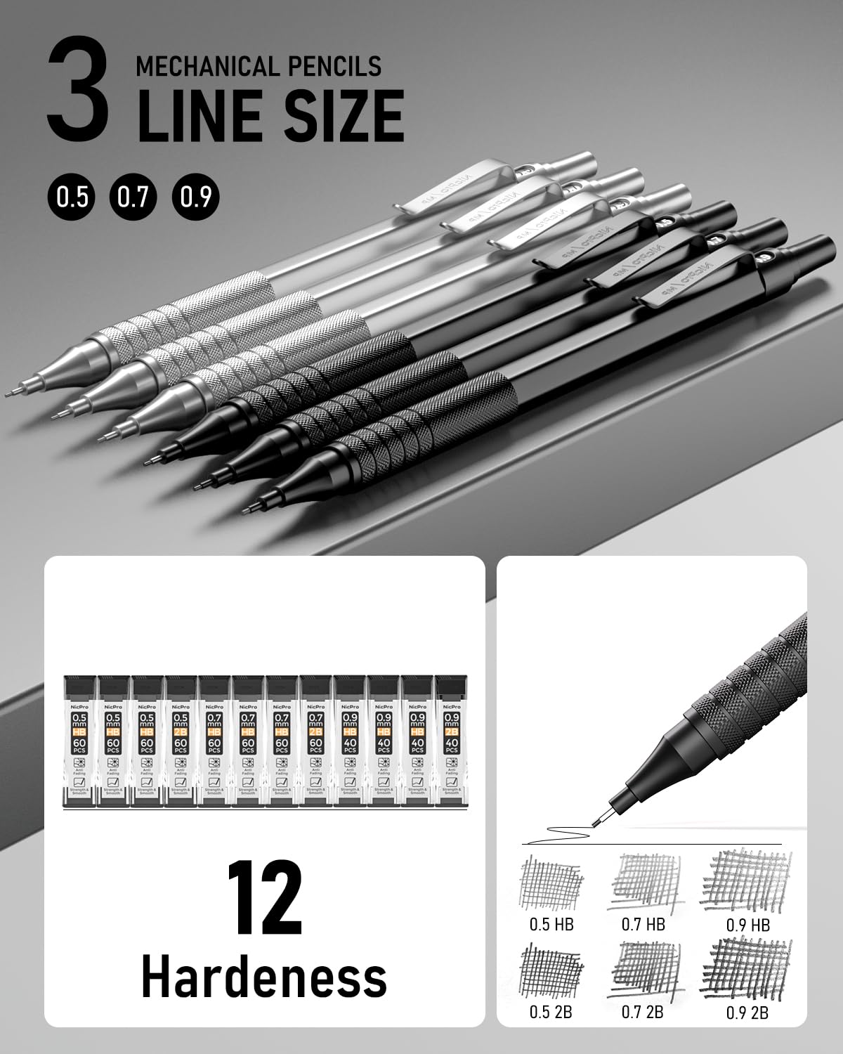 Nicpro 0.5 & 0.7 & 0.9 mm Metal Mechanical Pencil Set withCase,6PCS MP1000 Artist Lead Pencil with 12 Tubes HB & 2BLead Refills, Erasers For Architect Writing Drafting Sketching Drafting with Case