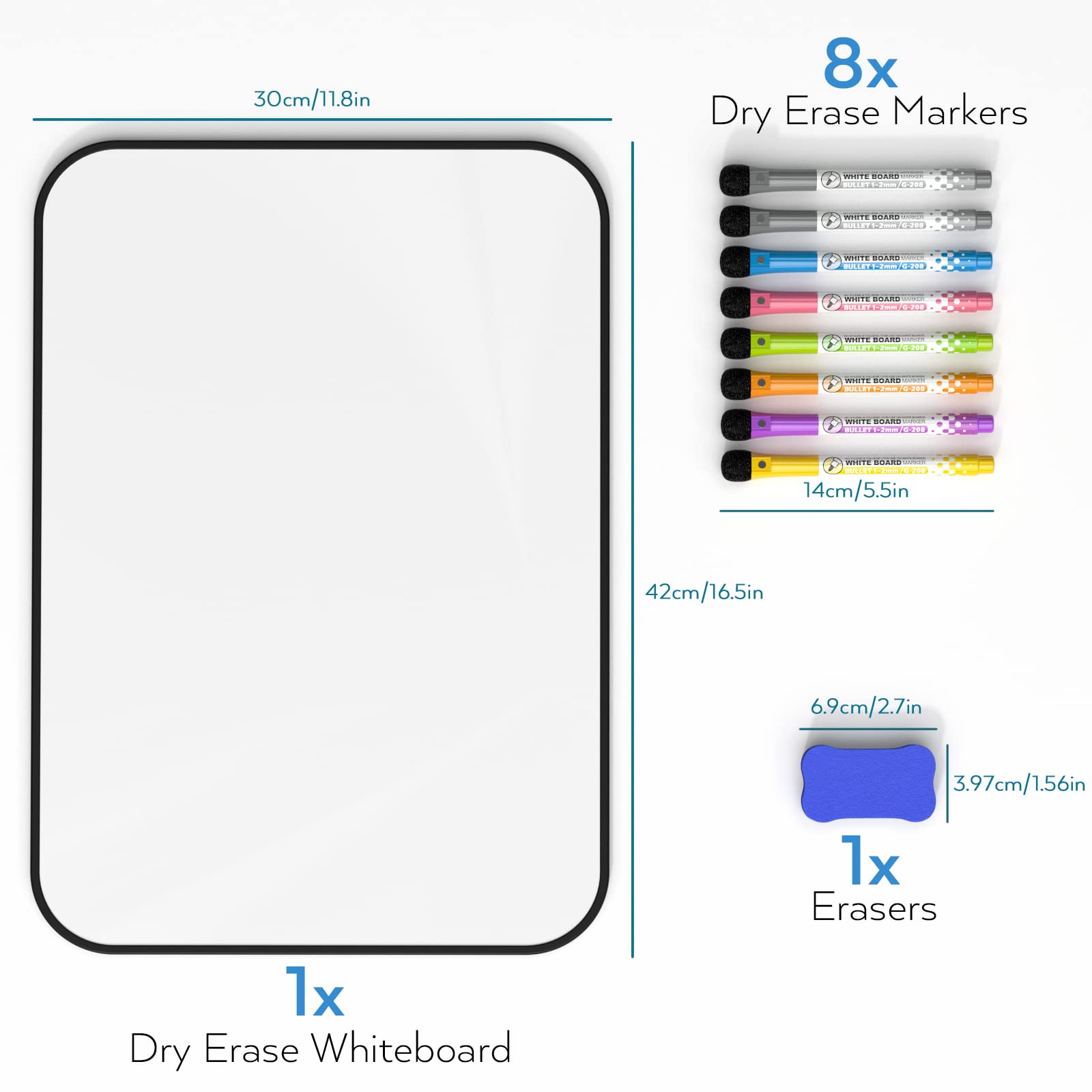 Nicpro Dry Erase Whiteboard A3, Magnetic Double Sided 12 x 16" White Board with Black Border, Including 8 Water-Based Pens and 1 Eraser for Kid Writing & Drawing, Student School, Classroom, Home Use