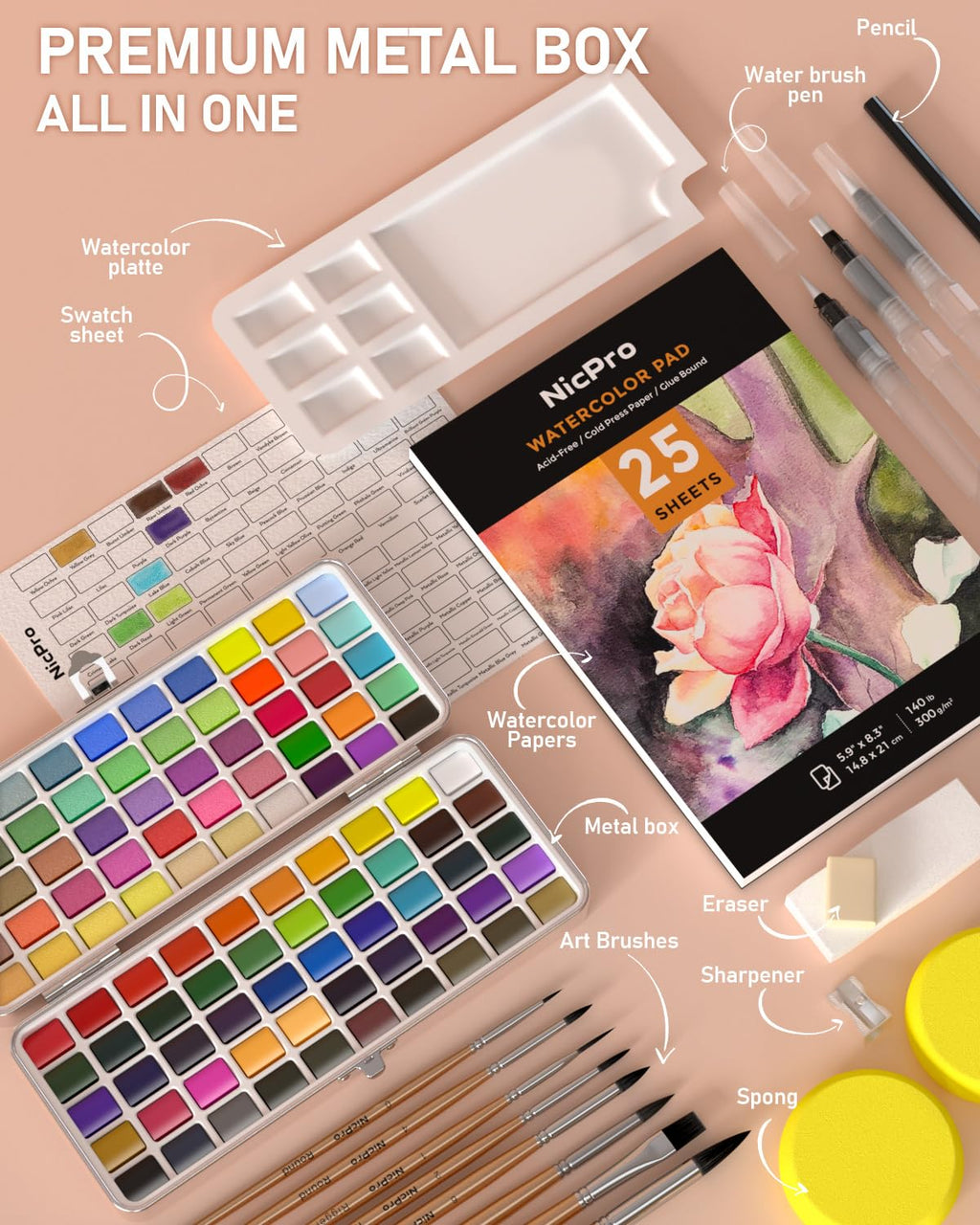 Nicpro 100 kleuren aquarel verf set bevat metallic macaron en fluorescerende, 8 synthetische eekhoorn schilderij borstels, 25 water kleur papier, palet, kunstbenodigdheden kit voor kunstenaar Nicpro 100 kleuren aquarel verf set bevat metallic macaron en fluorescerende, 8 synthetische eekhoorn schilderij borstels, 25 water kleur papier, palet, kunstbenodigdheden kit voor kunstenaar