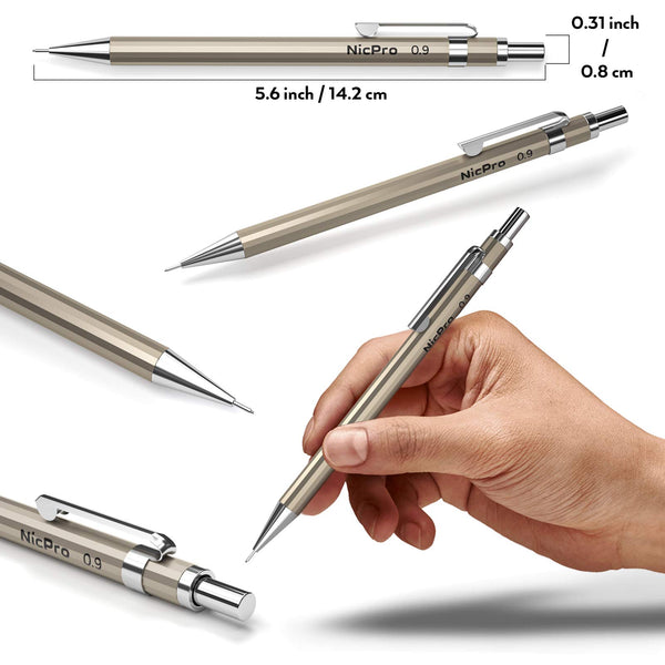 Metal 0.9 mm Mechanical Pencil Set with Case, 2 PCS Nicpro Drafting Pencil with Lead Refill & Erasers for Artist Writing, Drawing Sketching