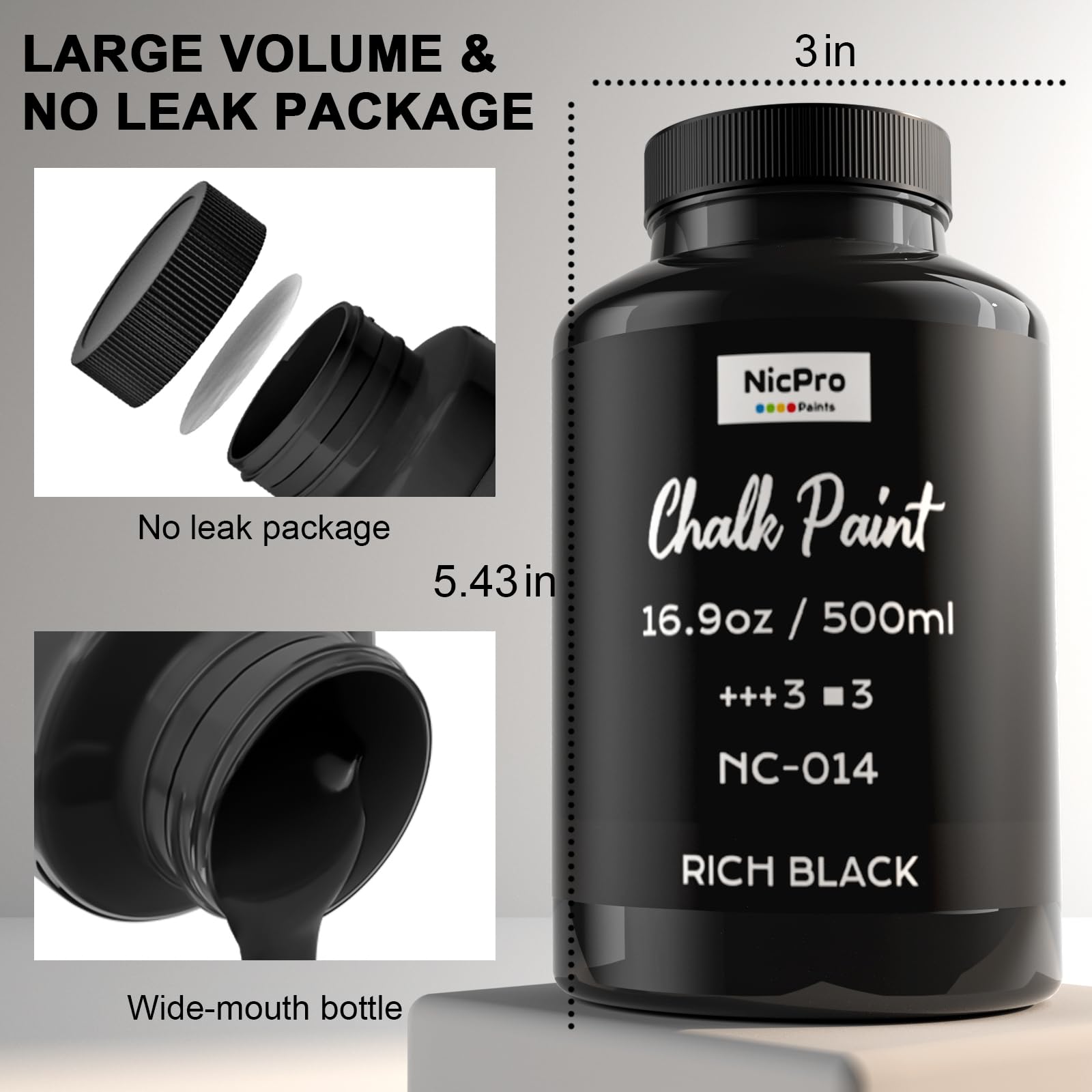 Nicpro Black Chalk Paint for Furniture, Ultra Matte Finish Acrylic Craft Paint (16.9 oz, 500ml) Chalk Furniture Paint Black with Color Wheel for Crafts, Home Decor, Beginners and Artists