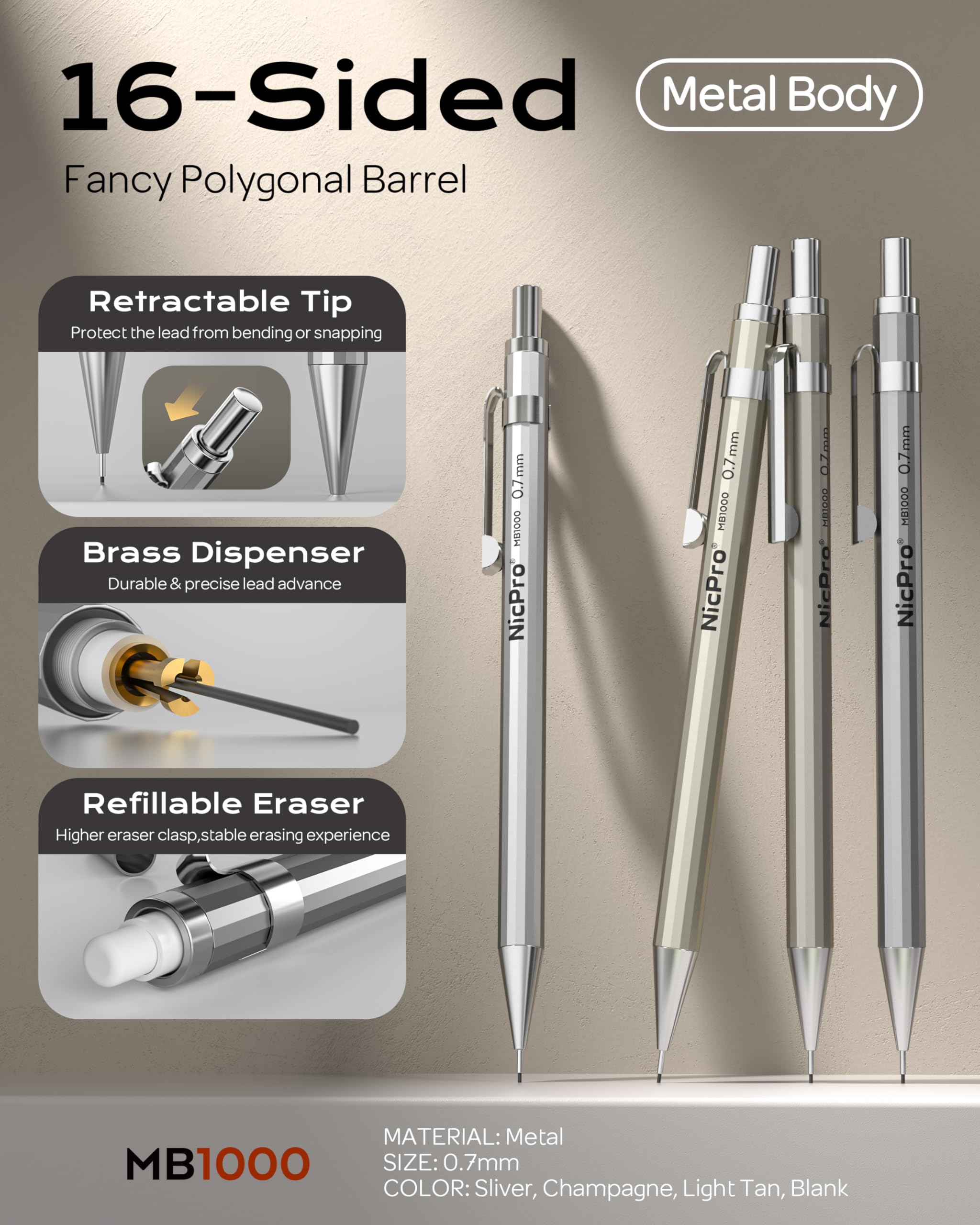 Nicpro 4 Pack Mechanical Pencil 0.7mm with Case, MB1000 Metal Mechanical Pencil Set with 6 Tube HB #2 Lead Refill 0.7 mm, 3PCS 4B Eraser, 9 Cap Eraser for Artist Drafting Writing, Sketching, Drawing