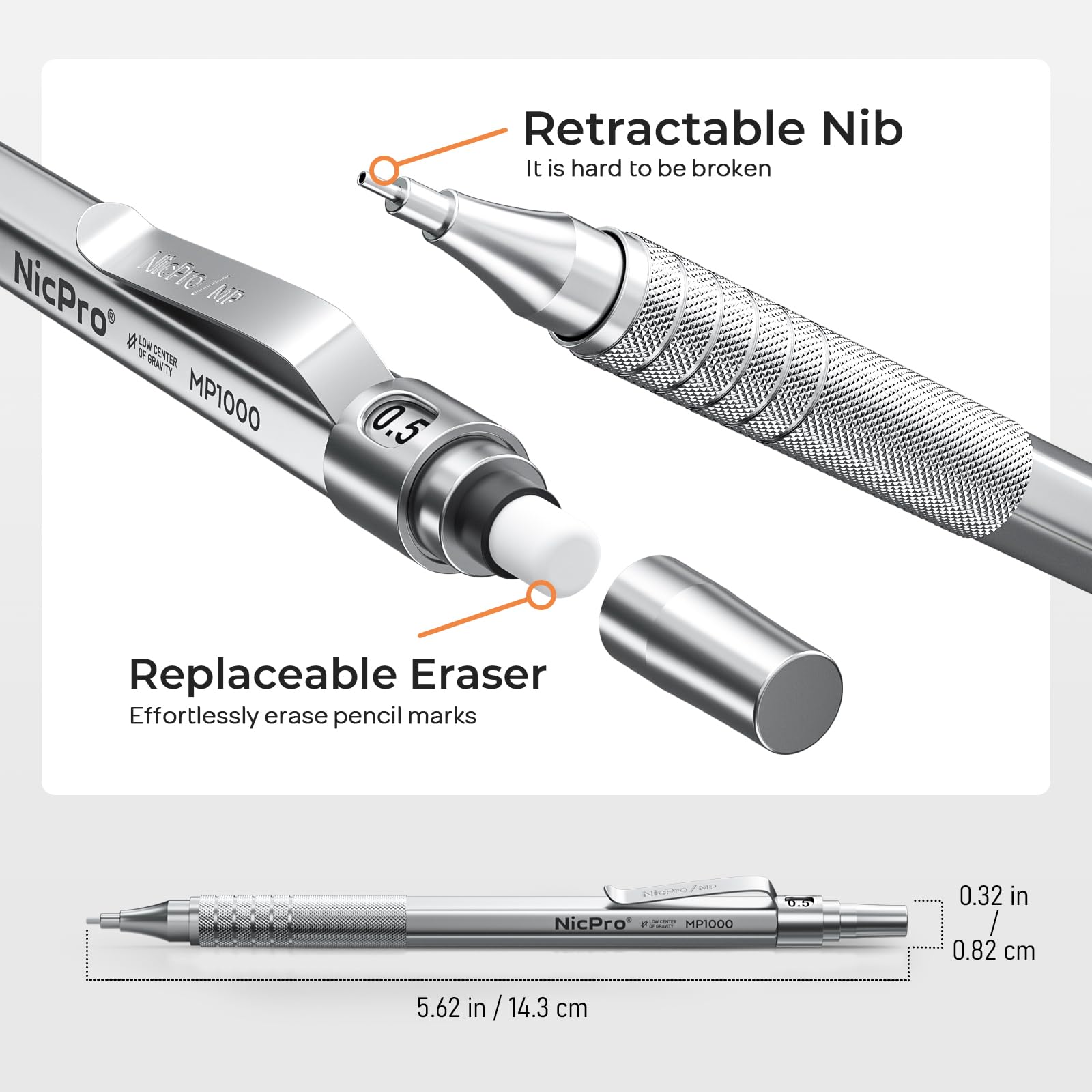 Nicpro 4 PCS Metal Mechanical Pencil Set 0.5 mm & 0.7mm with Case, Artist Pencil MP1000 with 6 Tubes HB Lead Refill, 3 Eraser, 9 Eraser Refill For Art Writing Drafting Drawing,Black & Silver