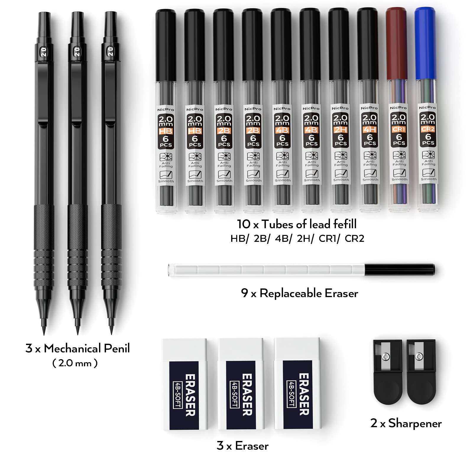 Nicpro Black Metal 2.0 Mechanical Pencil Set with Case, 3 PCS Drafting Lead Holder with 2mm Graphite Lead Refill (HB 2H 4H 2B 4B) & Colors, Sharpeners, Erasers for Artist Writing, Drawing, Sketching
