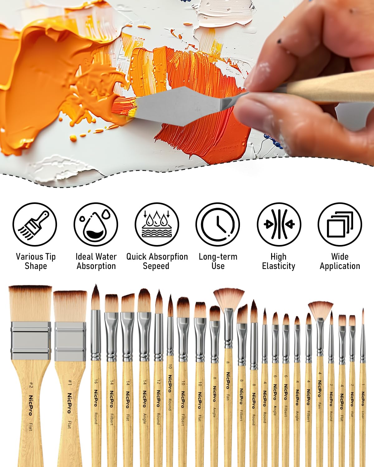 Nicpro 26pcs Paint Brush Set, Professional Paintbrushes with Palette Knife and Cloth Roll, Artist Paint Brushes for Acrylic Painting, Oil, Watercolor & Gouache, Adults Kids Art Painting Tools Supplies