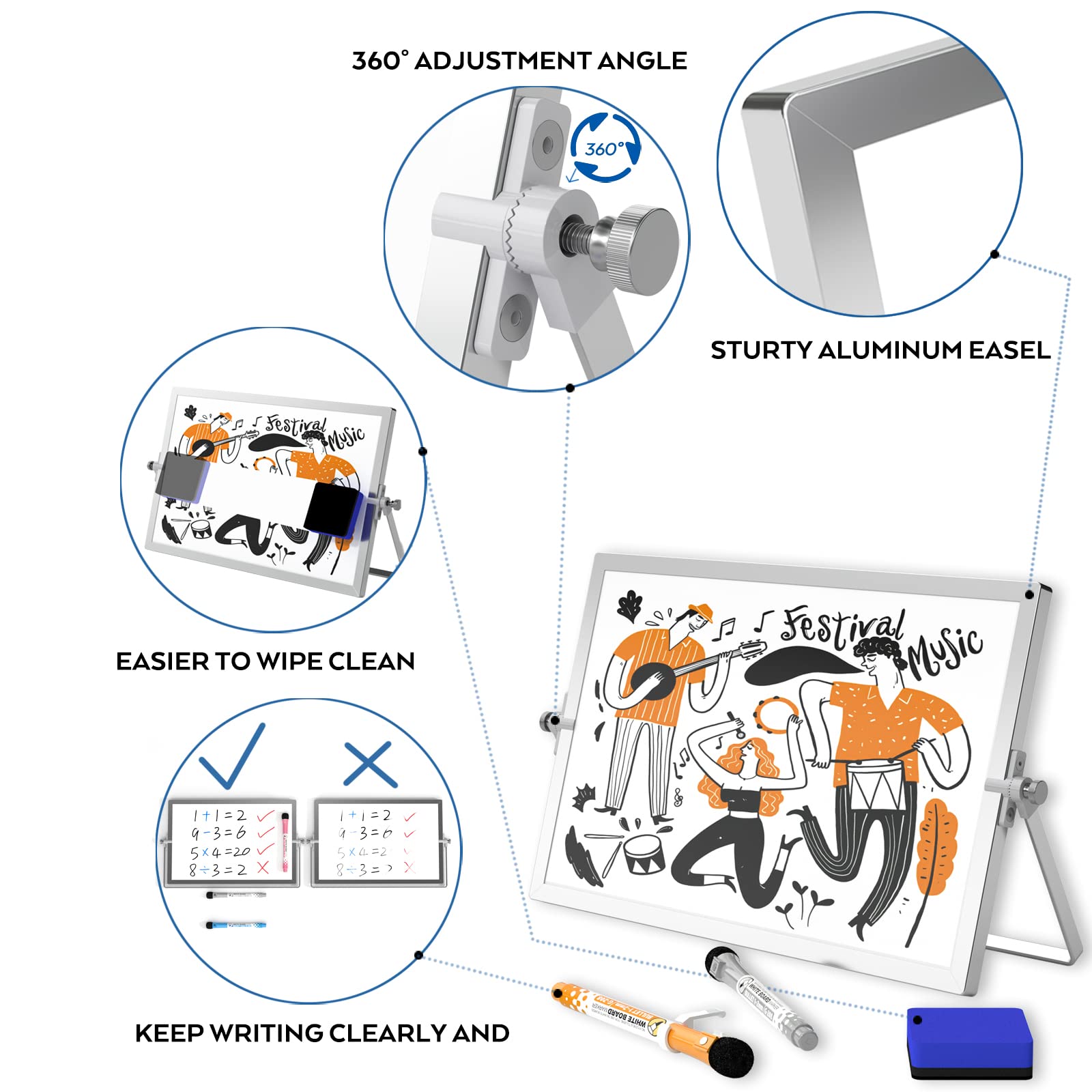 Nicpro Dry Erase Mini Whiteboard A3, 40 x 30 cm Double Sided Small Magnetic Desktop Whiteboard with Stand, 8 Pens, 1 Eraser,4 Magnet, Portable Whiteboard Easel for Kids Students School Supplies Office