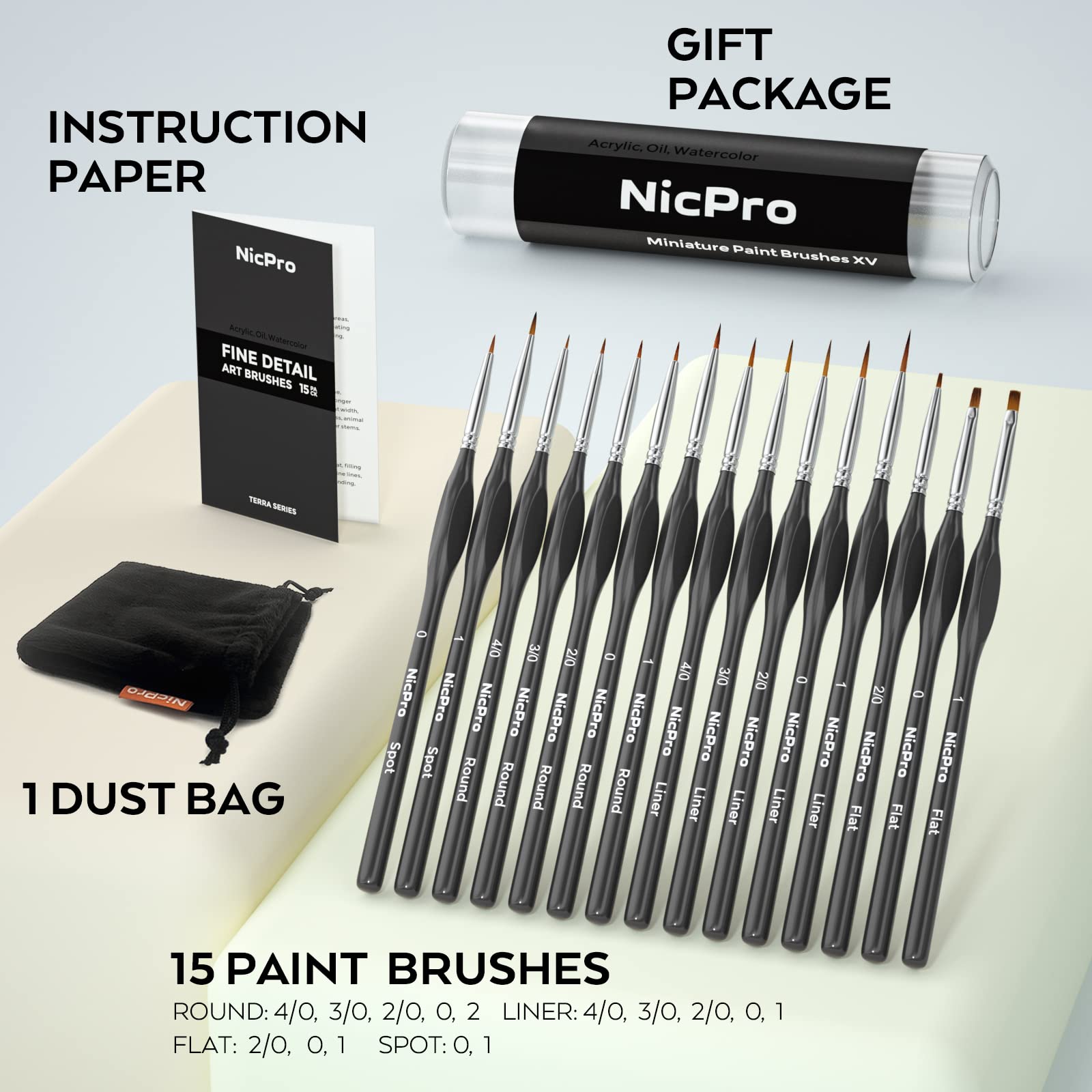 Nicpro Micro Detail Paint Brush Set,15 PCS Black Small Professional Miniature Fine Detail Brushes for Watercolor Oil Acrylic, Craft Models Rock Painting & Paint by Number -Come with Holder Bag