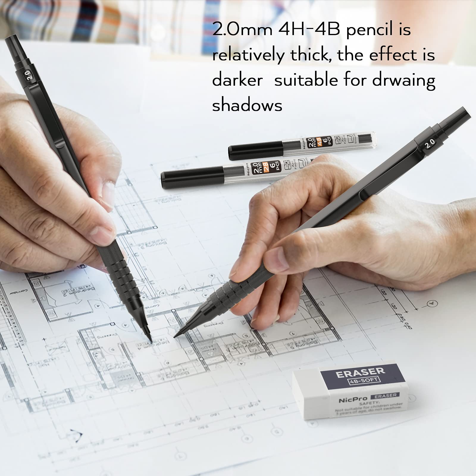 Nicpro Black Metal 2.0 Mechanical Pencil Set with Case, 3 PCS Drafting