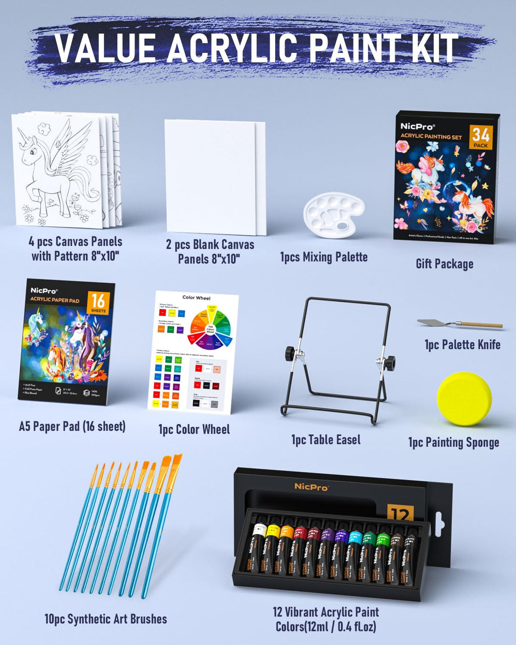 Nicpro Acrylic Paint Set, Kid & Adult Art Painting Party Kit, 2 Set of  Acrylic Paint (12 Colors), 30pcs Paint Brushes,5 Canvas Panel,Wood Easel,3