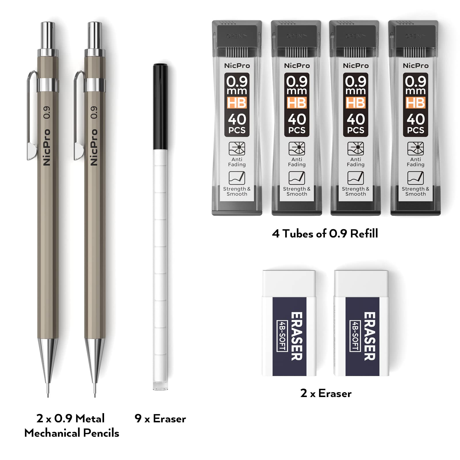 Metal 0.9 mm Mechanical Pencil Set with Case, 2 PCS Nicpro Drafting Pencil with Lead Refill & Erasers for Artist Writing, Drawing Sketching