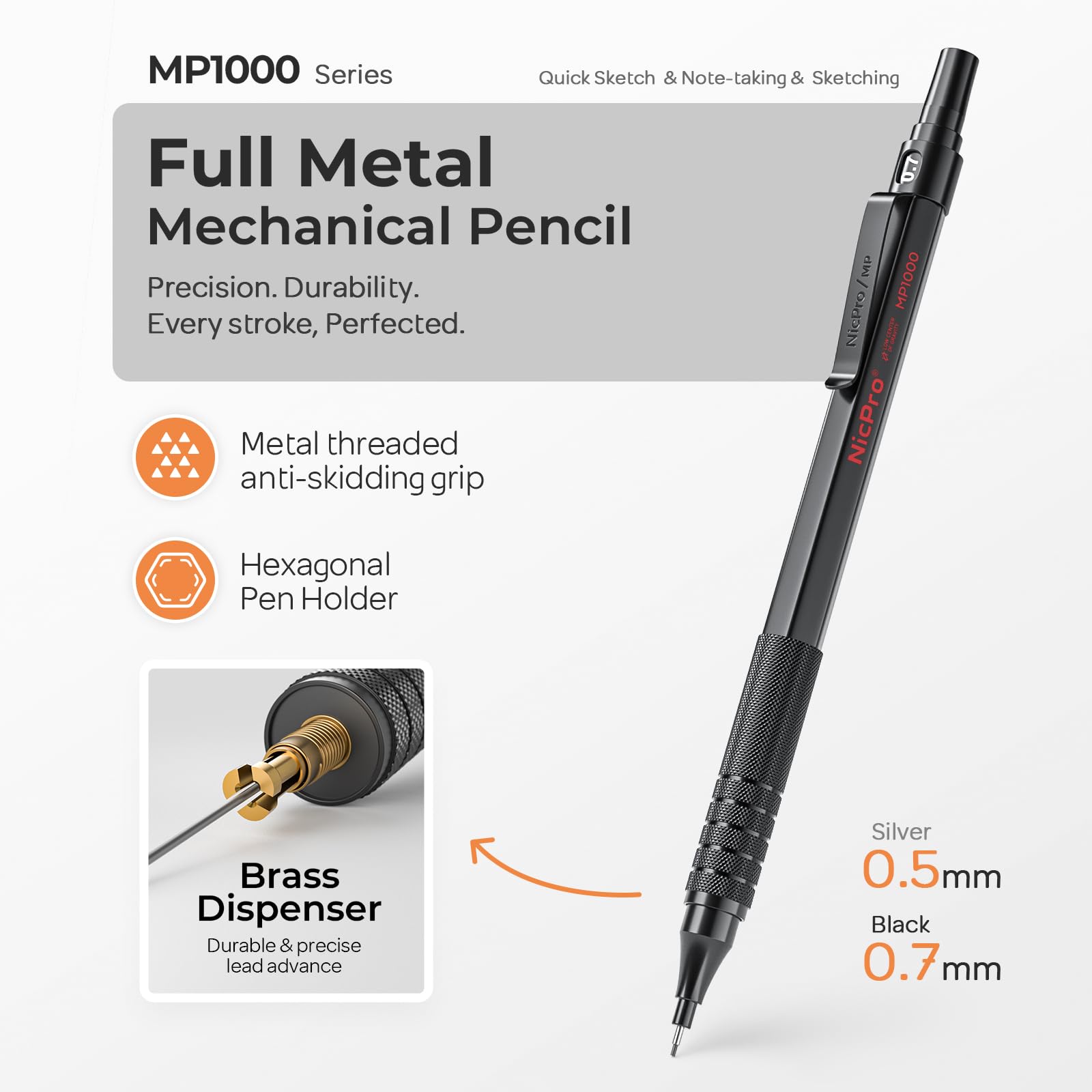 Nicpro 4 PCS Metal Mechanical Pencil Set 0.5 mm & 0.7mm with Case, Artist Pencil MP1000 with 6 Tubes HB Lead Refill, 3 Eraser, 9 Eraser Refill For Art Writing Drafting Drawing,Black & Silver