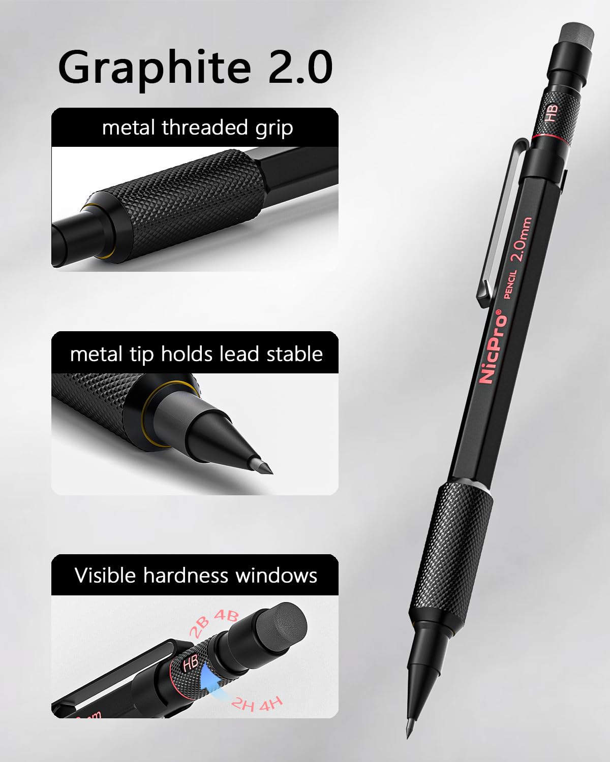 Nicpro Black 0.7 mm Mechanical Pencils Set, 3 PCS Metal Automatic Arti