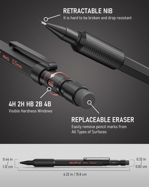 Nicpro 0.5 mm Mechanical Pencils Set with Case, 3PCS Professional Metal Artist Mechanical Pencil With 6 Tube HB Lead Refills, Eraser, Weatherproof Barrel for Outdoor Writing Drafting Drawing Sketching