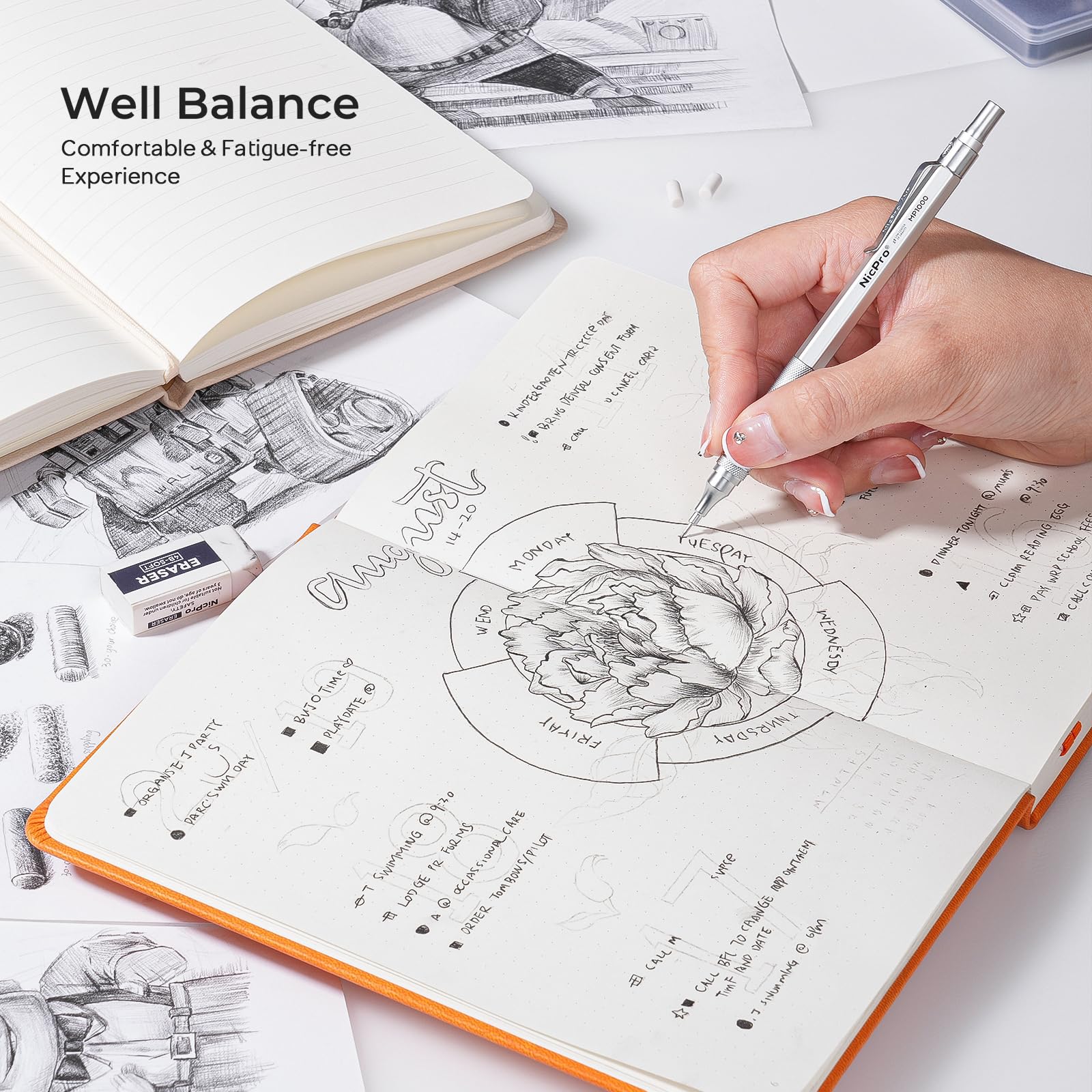 Nicpro 2 PCS Mechanical Pencils 0.5mm & 0.7 mm with Case, MP1000 Metal Artist Pencil Set with 4 Tubes HB Lead Refills, 2 Erasers, 9 Eraser Refills For Art Writing Drafting Drawing, Black & Silver