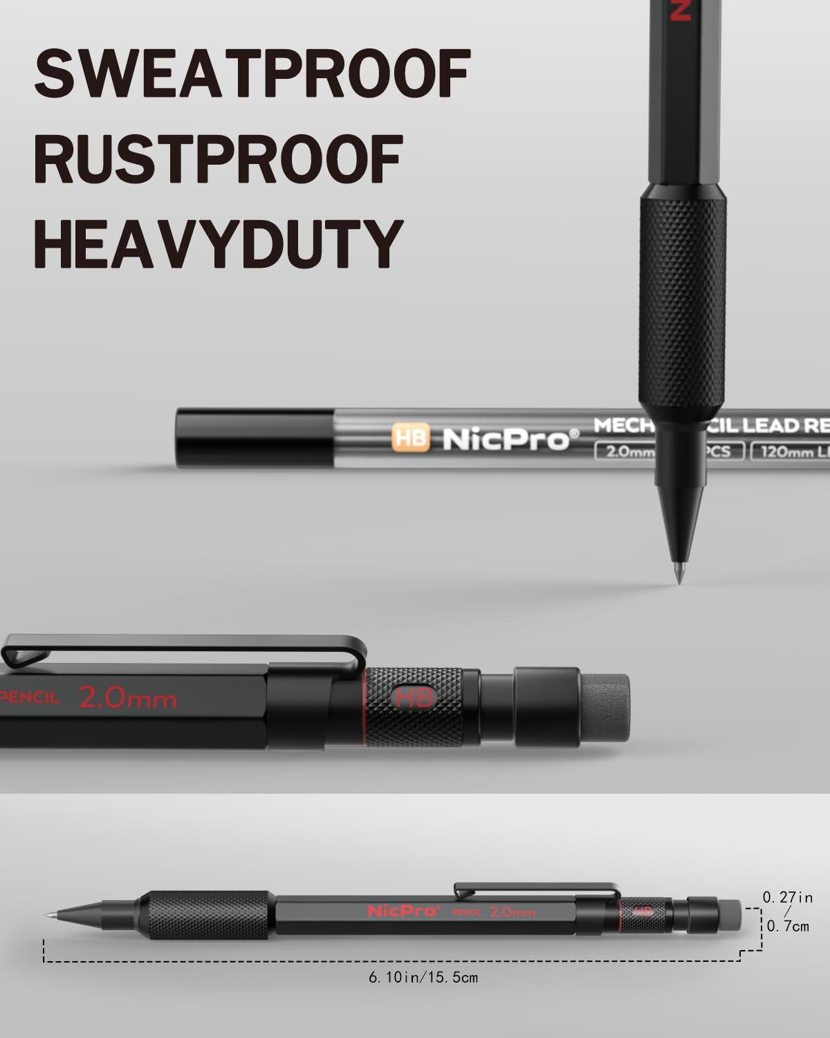 Nicpro 2.0mm Metal Mechanical Pencils, Carpenter Pencil Set with 12 Black Lead Refills, 12 Colored Lead Refills, Erasers, Come with Case