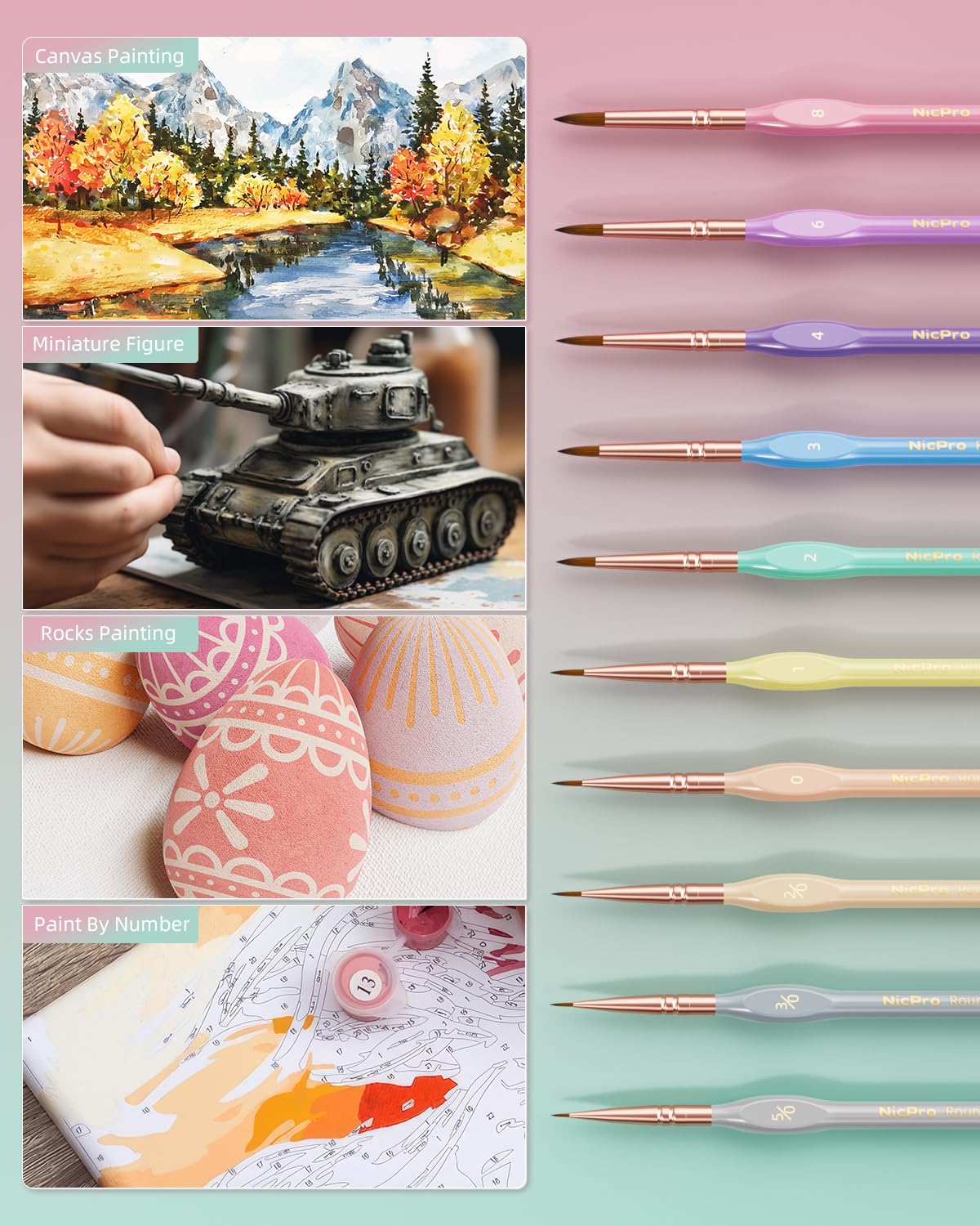 Nicpro 10PCS Micro Fine Detail Paint Brush Set, Macaron Pastel Small Miniature Fine Tip Detail Brushes Kit for Acrylic Oil Watercolor, Craft, Models, Rock Painting, Paint by Number