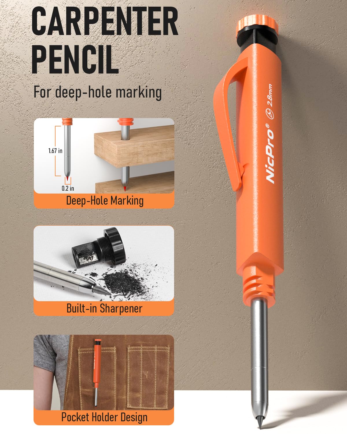Carpenter Pencils (Pack of 24) - Orange Construction Pencils Heavy Duty - Comfortable Grip Carpenter Pencil - Strong Carpenters Pencil 